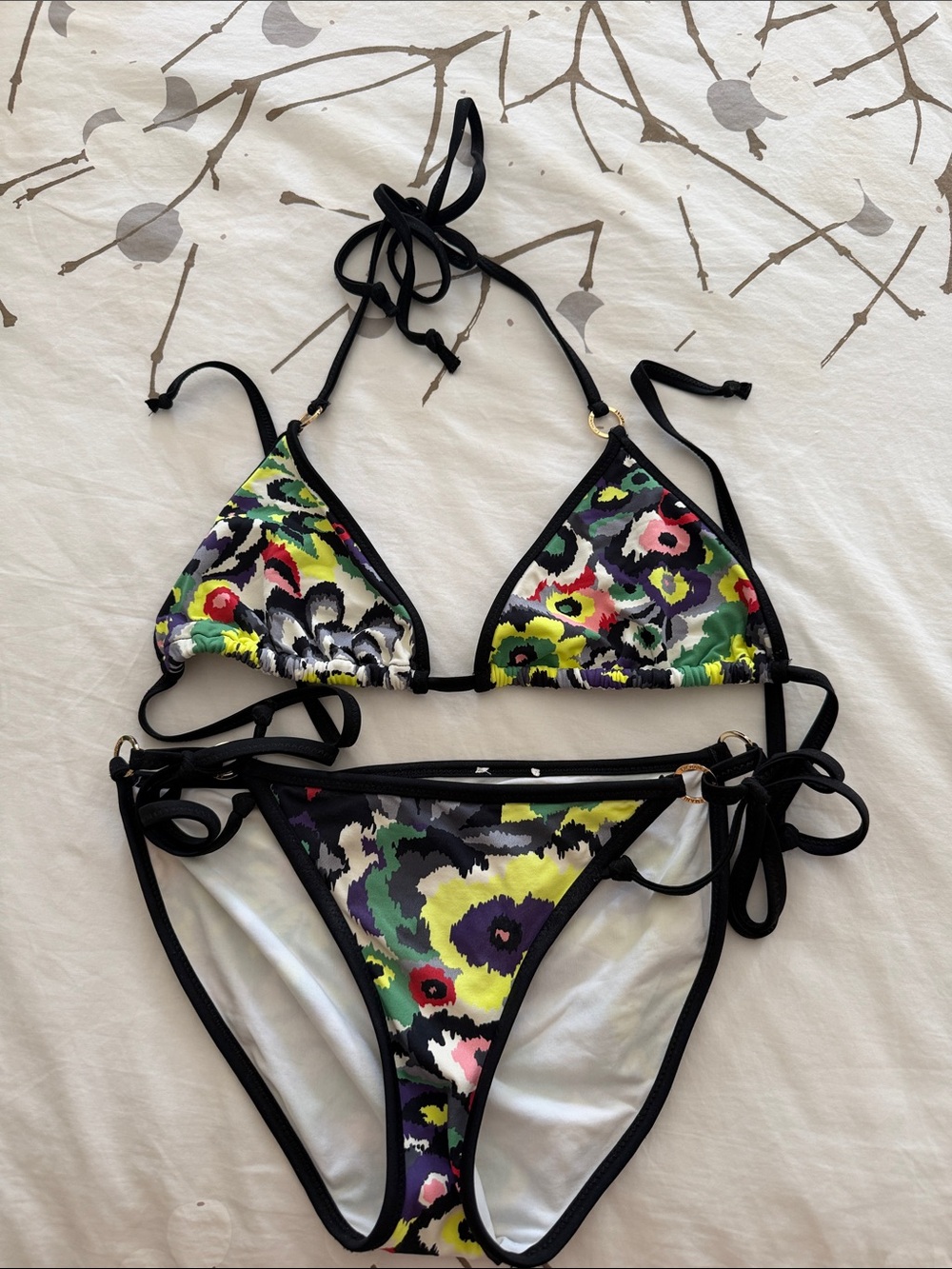 Armani Exchange Floral Multicolor Triangle String Bikini - Black Trim